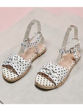 White Polka Dot Espadrille Sandals With Bow & Adjustable Ankle Strap For Women